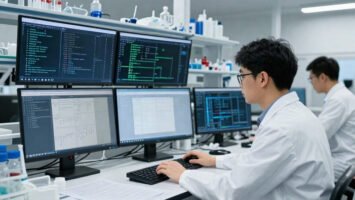Scientists using generative AI software in a modern analytical chemistry laboratory