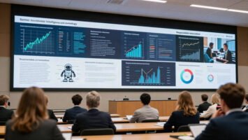 Imperial College London master's degree lecture hall displaying AI economic data visualisations.